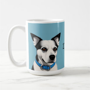 Schwarzweißer Hund mit blauem Halsband Kaffeetasse
