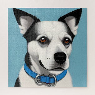 Schwarzweißer Hund mit blauem Halsband Puzzle