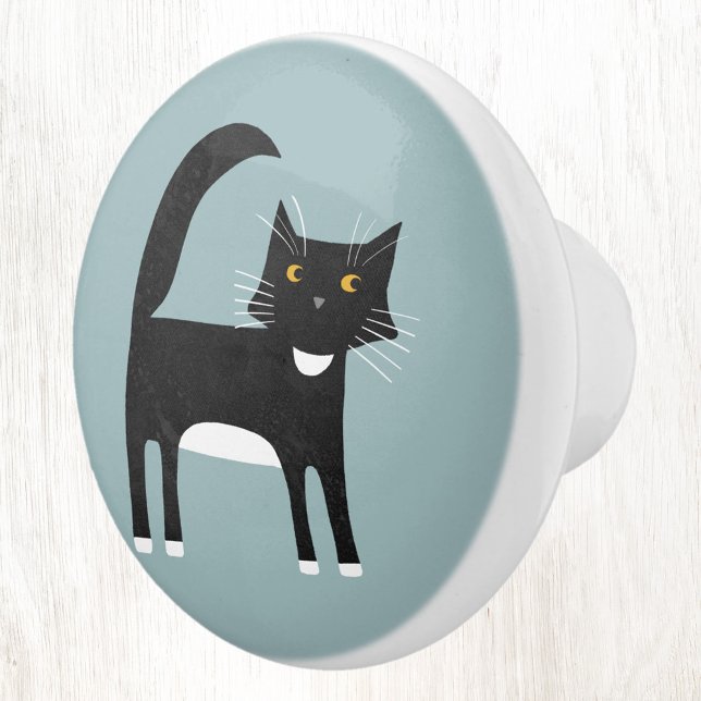 Schwarzweißkatze Keramikknauf (Fun black and white tuxedo cat duck egg blue ceramic door knob for animal and pet lovers)