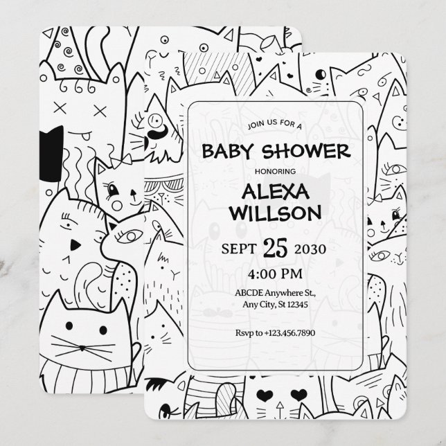 Schwarzweißkatzen BABY SHOWER Einladung (Vorne/Hinten)