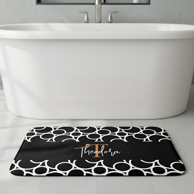 Schwarzweißkreismuster mit Monogramm Badematte (personalized bath mat in black and white)