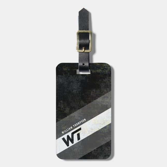 Schwarzweißmonogramm mit Streifen modern Gepäckanhänger (Vorderseite vertikal)