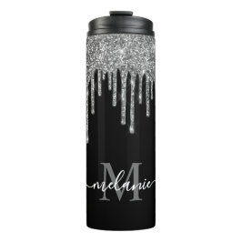 Schwarzweißmonogramm Silver Glitzer Tropfen Thermosbecher
