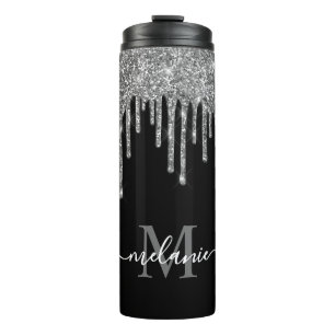 Schwarzweißmonogramm Silver Glitzer Tropfen Thermosbecher