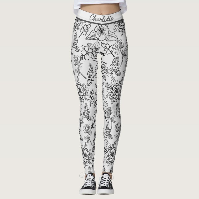 Schwarzweißmuster, nahtlos, floralfarbig, personal leggings (Vorderseite)