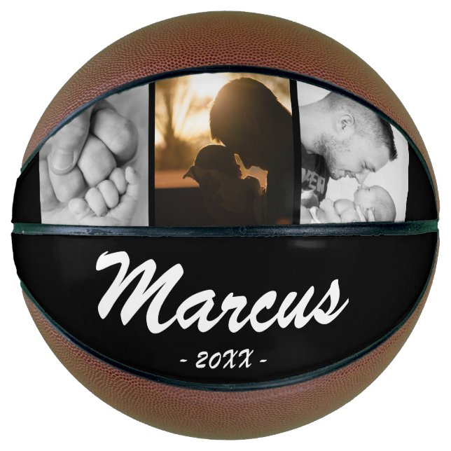 Schwarzweißname Vater Name Keepake 3 FotoCollage Basketball (Vorderseite)