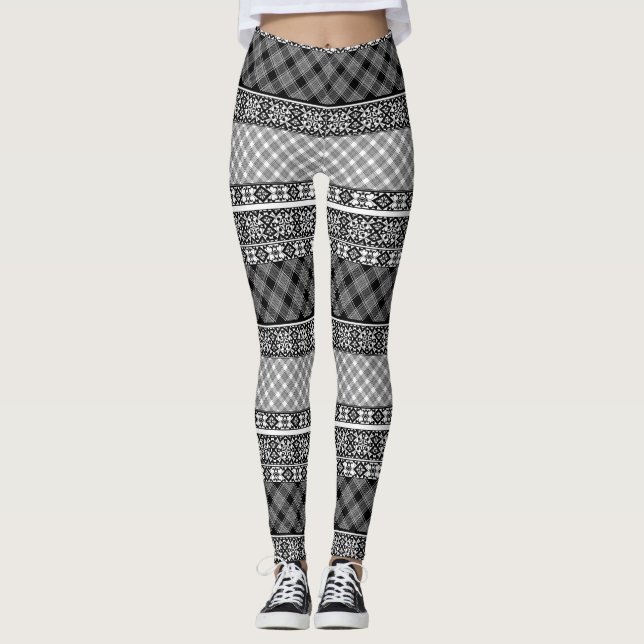 Schwarzweißpatchwork mit Spitze Leggings (Vorderseite)