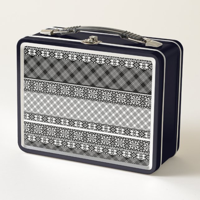 Schwarzweißpatchwork mit Spitze Metall Brotdose (Vorderseite)