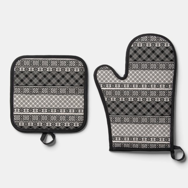 Schwarzweißpatchwork mit Spitze Ofenhandschuh & Topflappen-Set (Vorderseite)