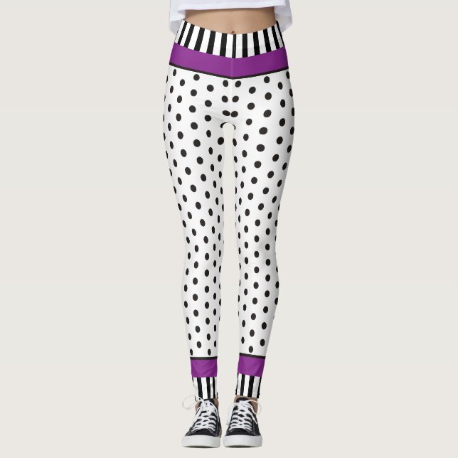 Schwarzweißpolka-Punktmuster und Streifen lila Leggings (Vorderseite)