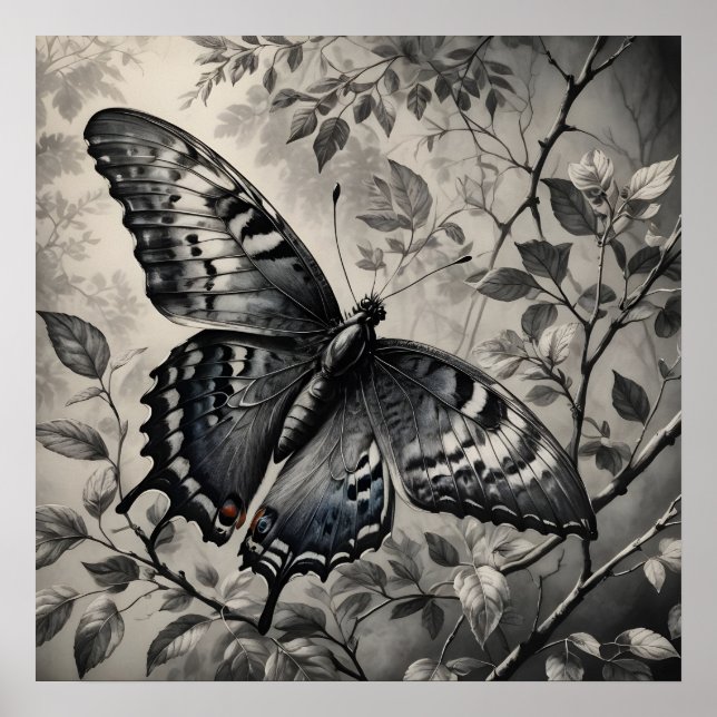 Schwarzweißschmetterling zeichnend poster (Vorne)