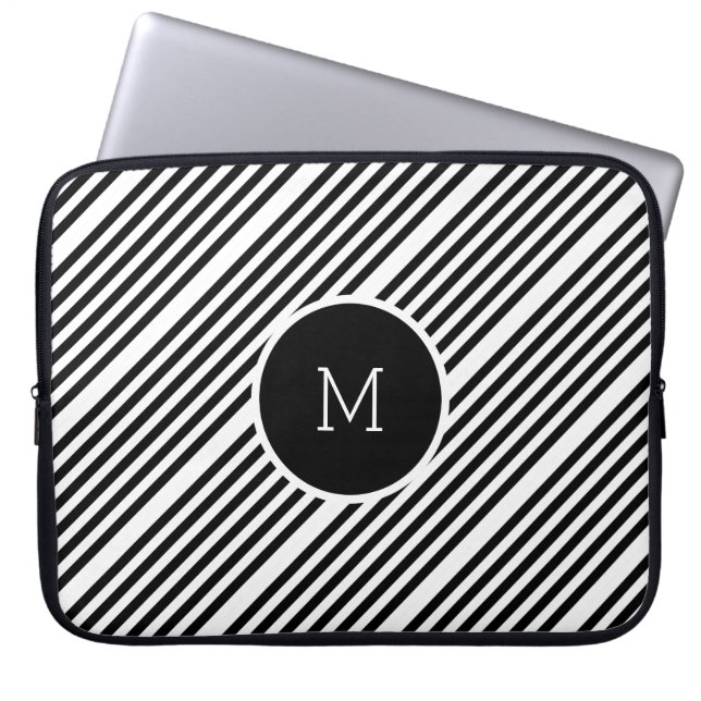 Schwarzweißstreifen mit Monogramm Laptopschutzhülle (Vorderseite)