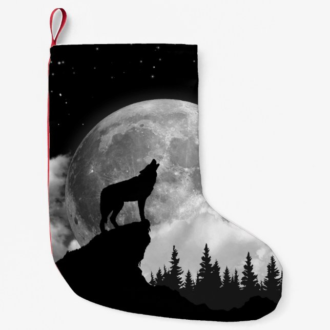 Schwarzweißwolf heult auf dem Mond Kleiner Weihnachtsstrumpf (Vorderseite)