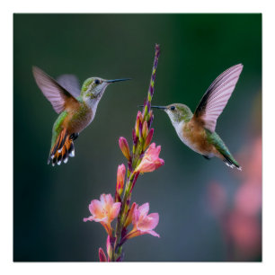 Schwebekolibris Gladiolen Blumen Irisierendes Paar Poster