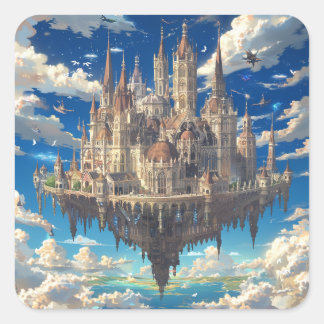 Schwebende Fantasy-Burg in den Wolken | Himmlisch Quadratischer Aufkleber