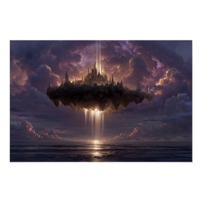 Schwebende Fantasy-Schloss-Wolkenstrahlen leuchten Poster (Vorderseite)