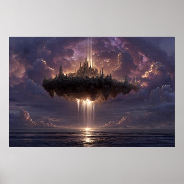 Schwebende Fantasy-Schloss-Wolkenstrahlen leuchten Poster (Vorne)