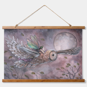 Schwebende Feen- und Eulen-Fantasie-Kunst Wandteppich Mit Holzrahmen