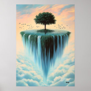 Schwebende Insel mit Baum und Wasserfällen – Surre Poster