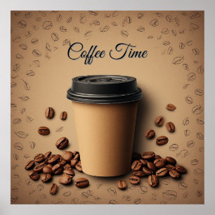 Schwebende Kaffeetasse mit Kaffeebohnen Poster