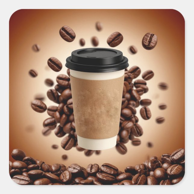 Schwebende Kaffeetasse mit Kaffeebohnen Quadratischer Aufkleber (Vorderseite)