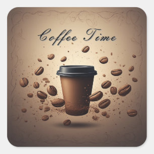Schwebende Kaffeetasse mit Kaffeebohnen Quadratischer Aufkleber
