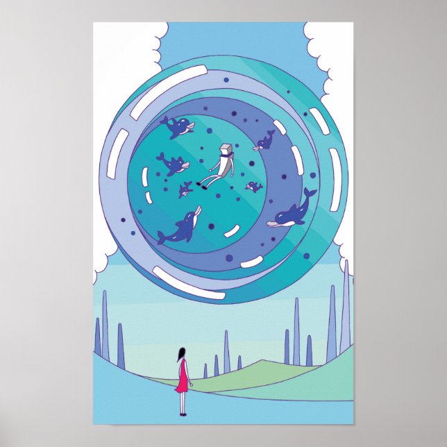 Schwebende Kugel mit darin schwimmenden Delfinen. Poster (Vorne)