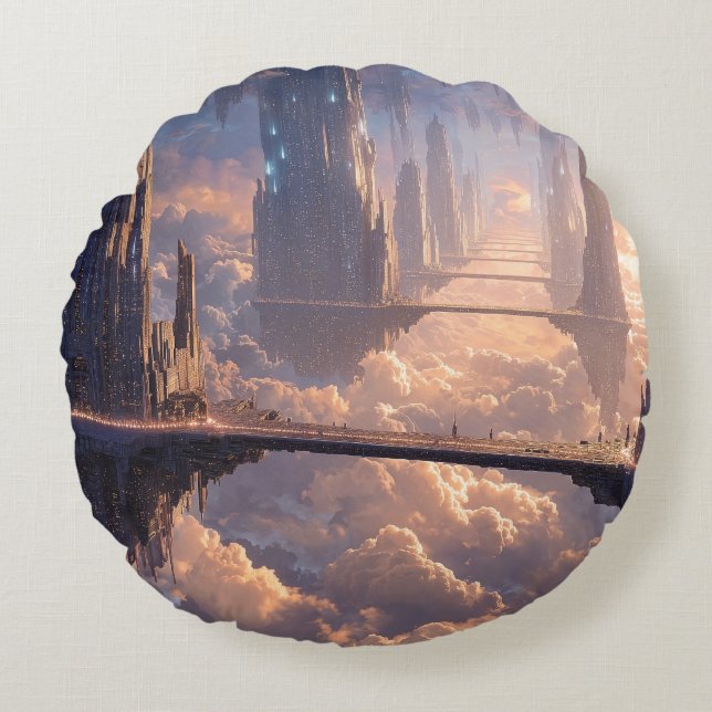 Schwebende Metropole in den Wolken Rundes Kissen (Vorderseite)