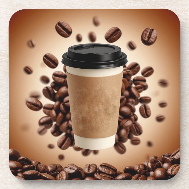 Schwebende Tasse Kaffee mit Kaffeebohnen Getränkeuntersetzer (Vorderseite)