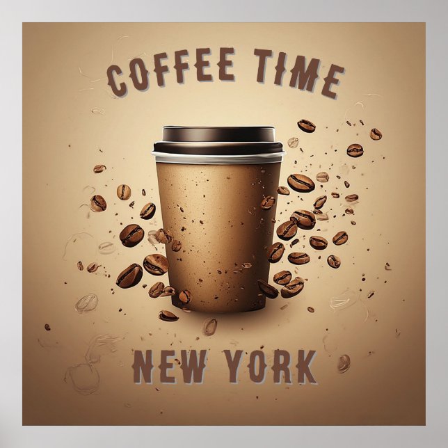 Schwebende Tasse Kaffee mit Kaffeebohnen Poster (Vorne)