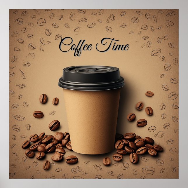 Schwebende Tasse Kaffee mit Kaffeebohnen Poster (Vorne)