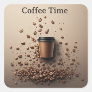 Schwebende Tasse Kaffee mit Kaffeebohnen Quadratischer Aufkleber