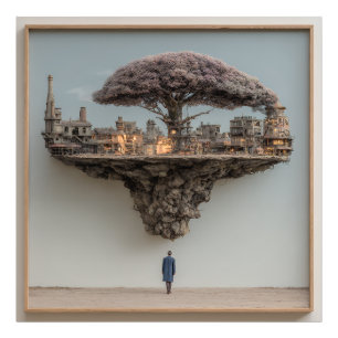 Schwebende zerstörte Stadt Blütenbaum Surreal Fotodruck
