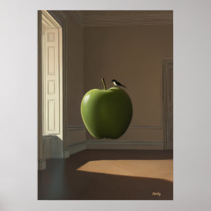 Schwebender grüner Apfel und Vogel – Surrealer Tra Poster