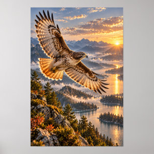 Schwebender Habicht über Bergseen bei Sonnenunterg Poster