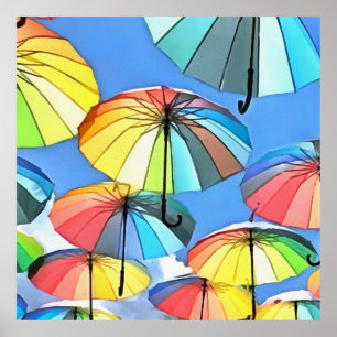 Schwebender Regenschirm-Himmel Whimsical Sonnensch Poster