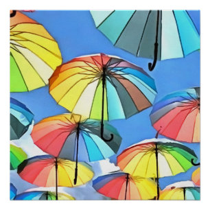 Schwebender Regenschirm-Himmel Whimsical Sonnensch Poster