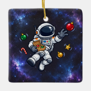 Schwebender Weihnachts-Astronaut mit Ornamenten Keramikornament