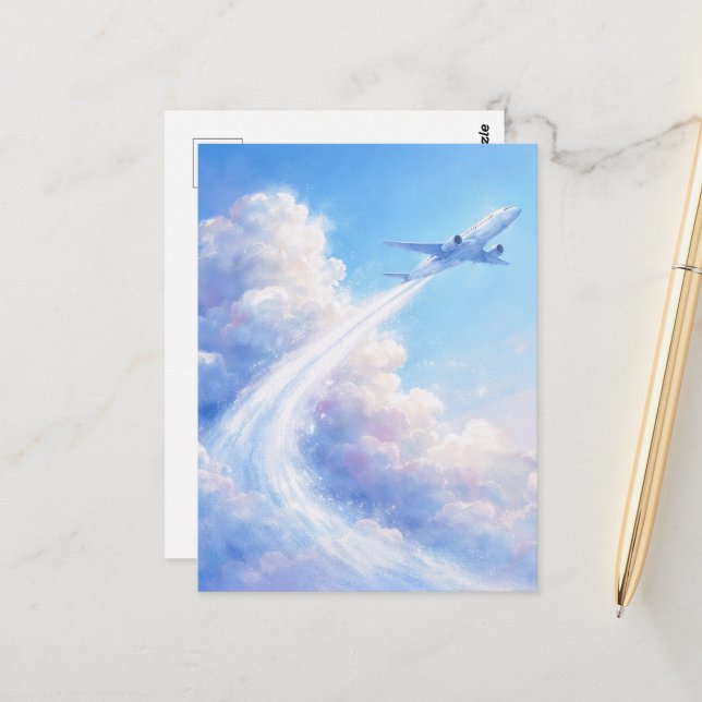 Schwebendes Flugzeug - Pastell-Malstil-Kunst Postkarte (Vorderseite/Rückseite Beispiel)