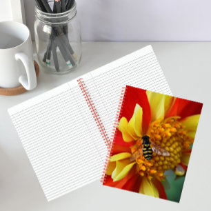 Schwebfliege auf orangefarbener und gelber Dahlie Notizbuch