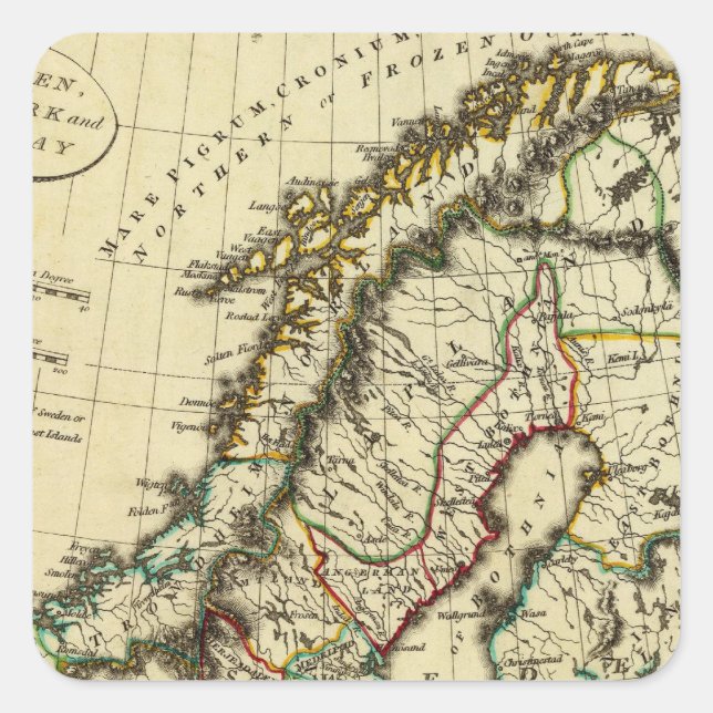 Schweden, Dänemark, Norwegen mit den Grenzen Quadratischer Aufkleber (Vorderseite)