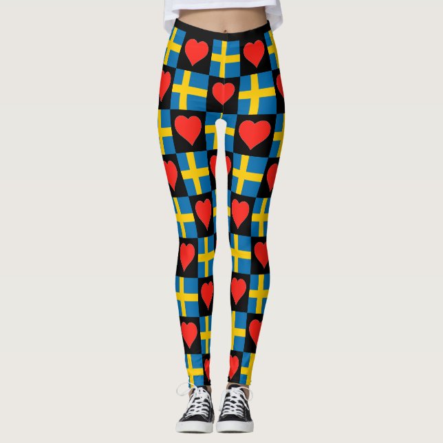 Schweden Flaggen Herzmuster Niedliche Patriotische Leggings (Vorderseite)