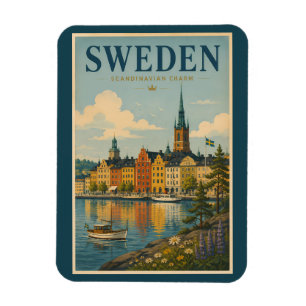 Schweden Landschaftsillustration Reise Kunst Vinta Magnet