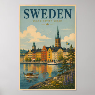 Schweden Landschaftsillustration Reise Kunst Vinta Poster