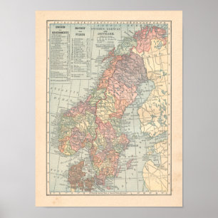 Schweden Norwegen Dänemark Vintage 1923 Kartenprin Poster