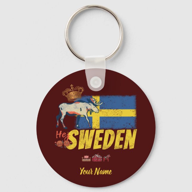 Schweden Vintage Flagge und Elche Souvenir Schlüsselanhänger (Vorderseite)