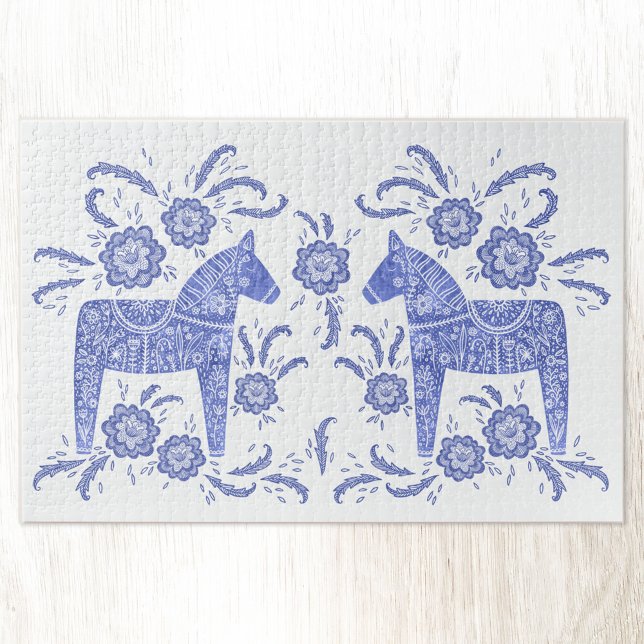 Schwedisch Dala HorBlue und White Puzzle (Swedish Dala Horse blue and white folk art jigsaw puzzle)