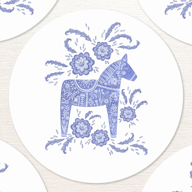 Schwedisch Dala HorBlue und White Runder Aufkleber (Swedish Dala Horse folk art blue and white sticker)