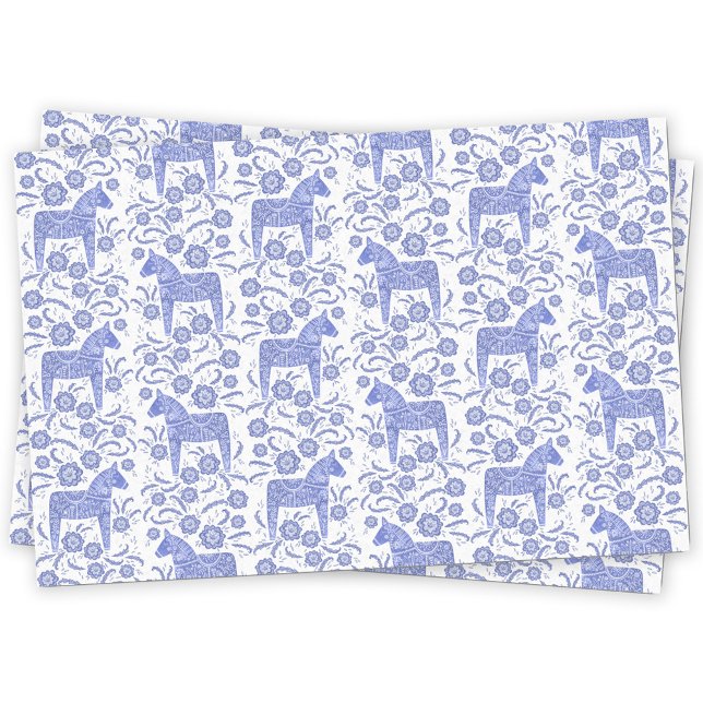 Schwedisch Dala HorBlue und White Seidenpapier (Blue and white Swedish dala horse pattern tissue paper)