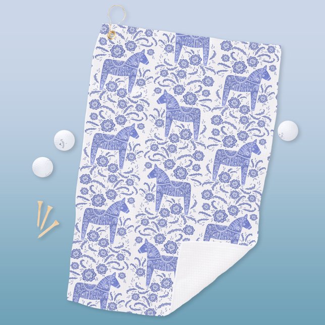 Schwedisch Dala Horse Indigo Blue Folk Art Golf Ha Golfhandtuch (Swedish Dala Horse blue and white pattern golf towel)